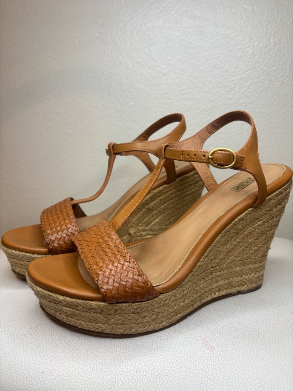 UGG Leather Woven T-Strap Espadrille Wedge Sandals in Tan